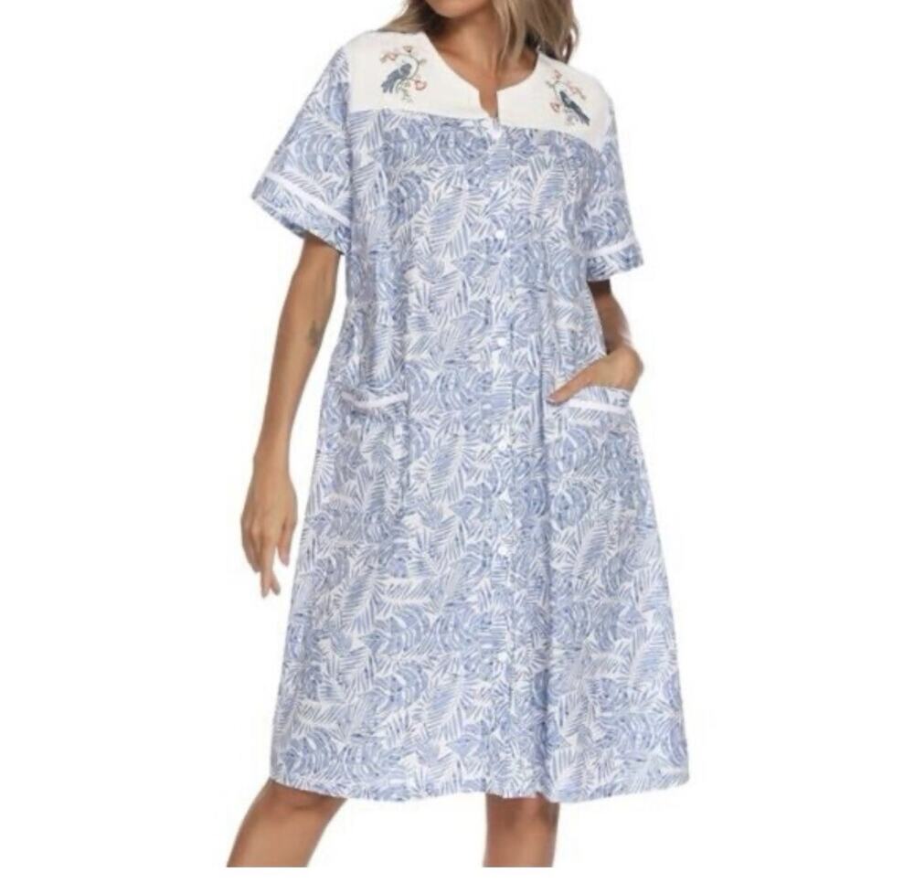 YOZLY XXL House Dress Embroidered Cottagecore Lounge Duster Blue/White G26
